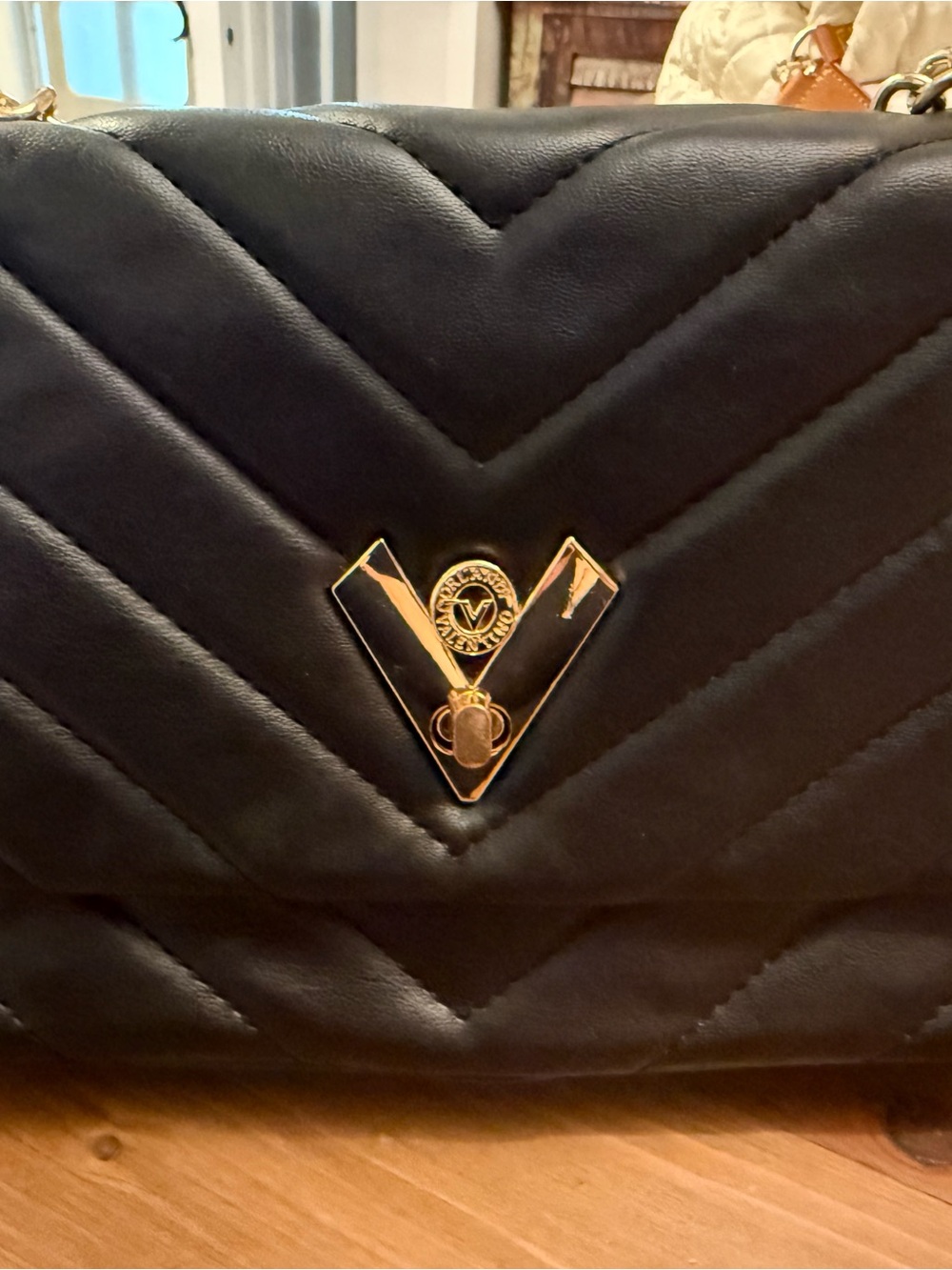 Valentino Orlandi Black Quilted V‑Flap Shoulder Bag - Gold Hardware
